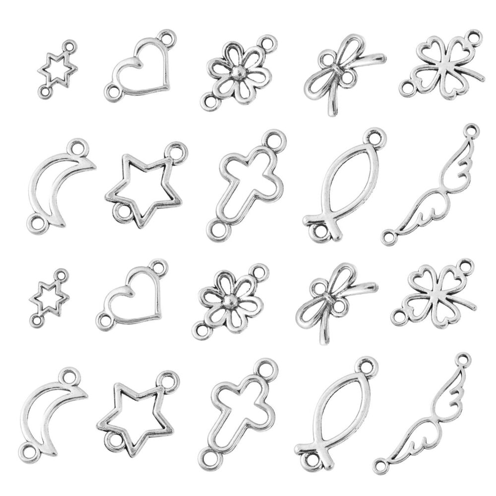8492 100 pcs 10 Styles Tibetan Connector Charms Antique Silver Flower Heart